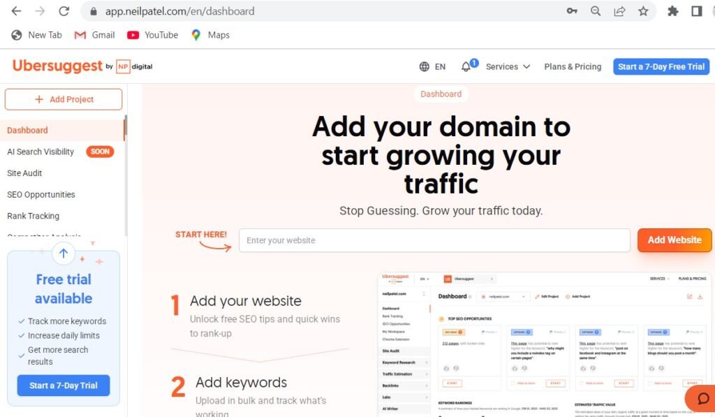 dashboard of ubersuggest