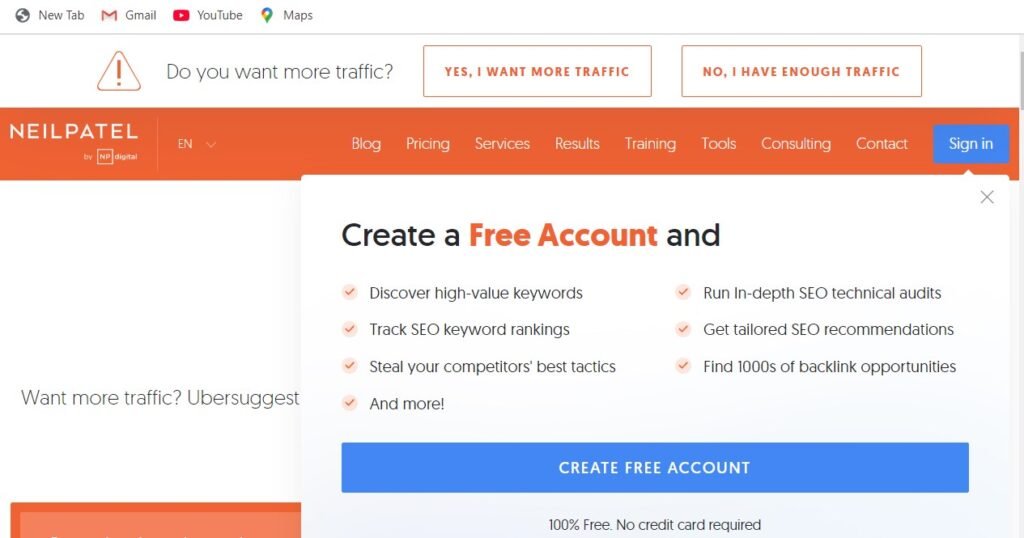 Sign in Page of Ubersuggest Tool